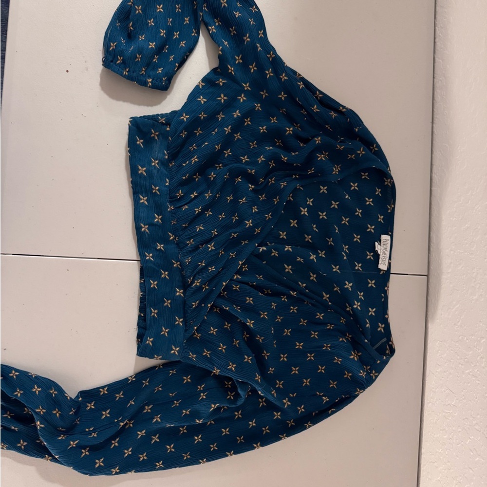 Blue Long Sleeve Crop Blouse with cross front style